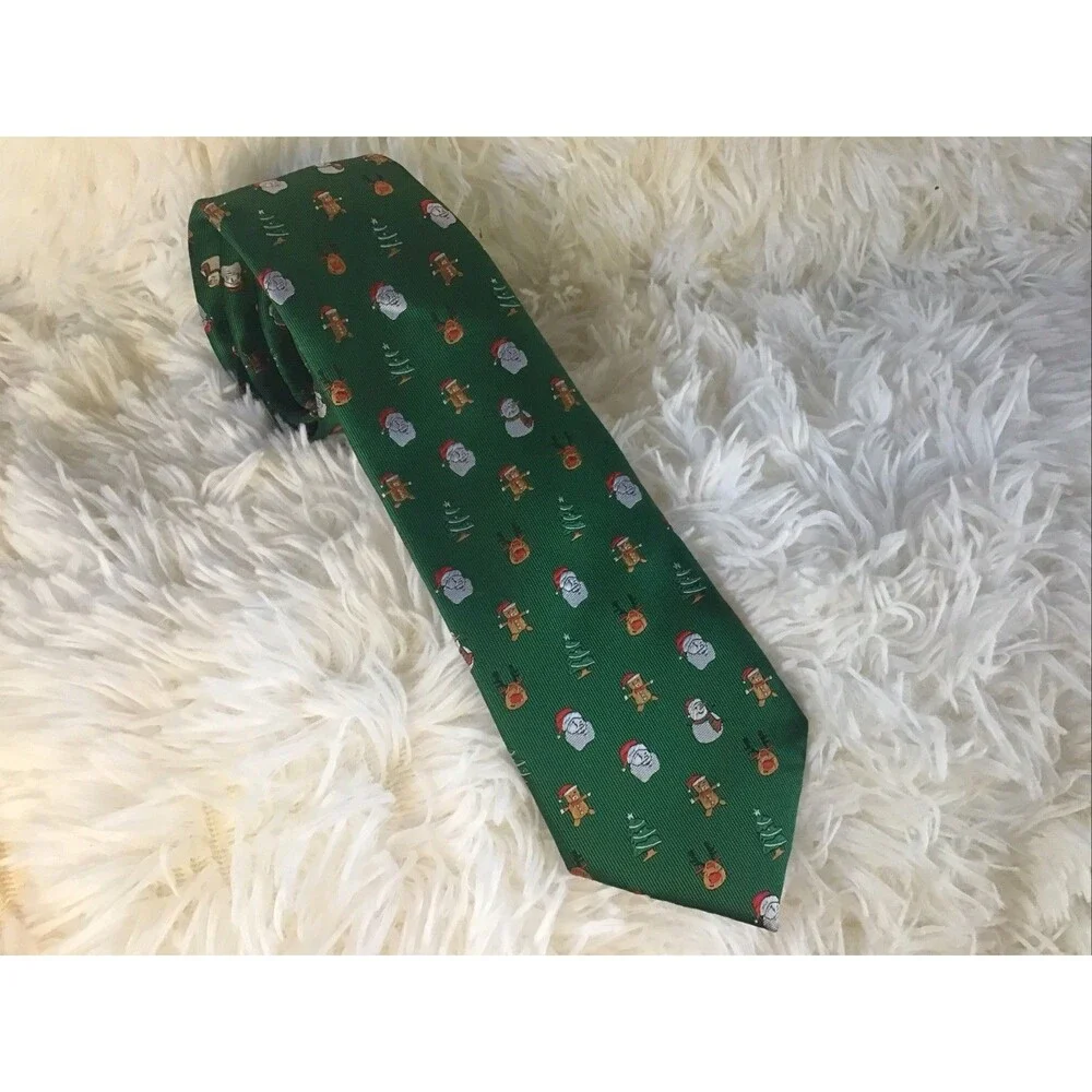 Green Christmas Neck Tie 3 Inch Silk Santa Reindeer Holiday Party